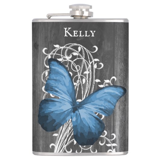 Blauwe bijtende vlinder - maatkolf heupfles (Voorkant)