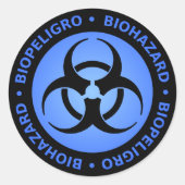 Blauwe biogevaarwaarschuwing ronde sticker (Voorkant)