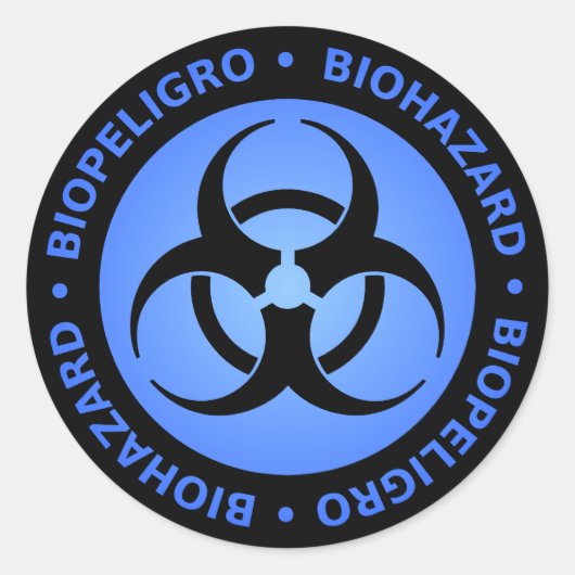 Blauwe biogevaarwaarschuwing ronde sticker (Voorkant)