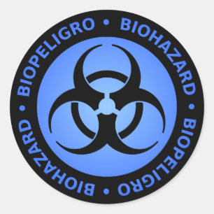 Blauwe biogevaarwaarschuwing ronde sticker