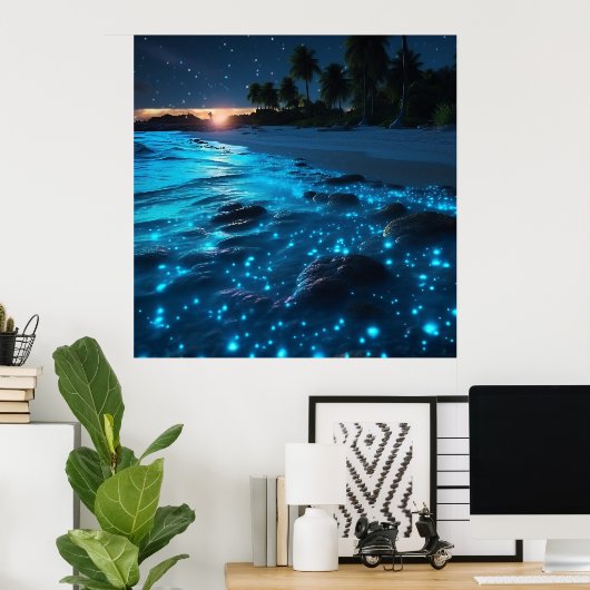 Blauwe bioluminescente strand- en palmbomen poster (Thuiskantoor)