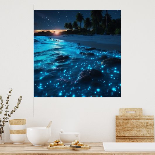 Blauwe bioluminescente strand- en palmbomen poster (Keuken)
