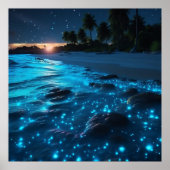 Blauwe bioluminescente strand- en palmbomen poster (Voorkant)