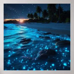 Blauwe bioluminescente strand- en palmbomen poster