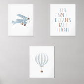 Blauwe Biplane Hete Luchtballon Reizen Kinderkamer Muurkunst Sets (Voorkant)