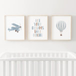 Blauwe Biplane Hete Luchtballon Reizen Kinderkamer Muurkunst Sets<br><div class="desc">Voeg een finishing touch toe aan de ruimte met het reisthema van uw kleintje met deze set van drie waterverven biplane,  heteluchtballon en citaat prints.</div>