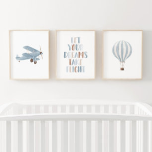 Blauwe Biplane Hete Luchtballon Reizen Kinderkamer Muurkunst Sets