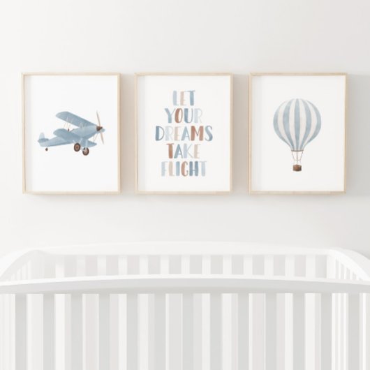 Blauwe Biplane Hete Luchtballon Reizen Kinderkamer Muurkunst Sets
