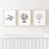 Blauwe Biplane Hete Luchtballon Reizen Kinderkamer Muurkunst Sets