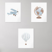 Blauwe Biplane Hete Luchtballon Reizen Kinderkamer Muurkunst Sets (Voorkant)
