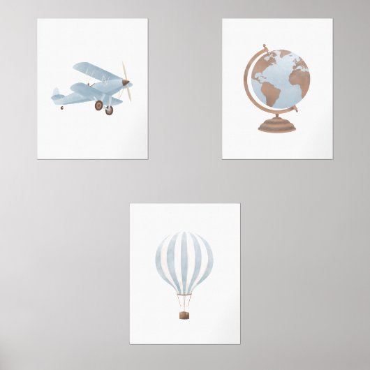 Blauwe Biplane Hete Luchtballon Reizen Kinderkamer Muurkunst Sets (Voorkant)
