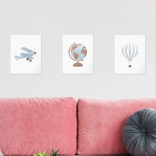 Blauwe Biplane Hete Luchtballon Reizen Kinderkamer Muurkunst Sets (Woonkamer)