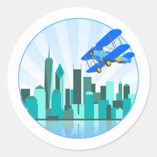 Blauwe Biplane over New York Retro Design Ronde Sticker