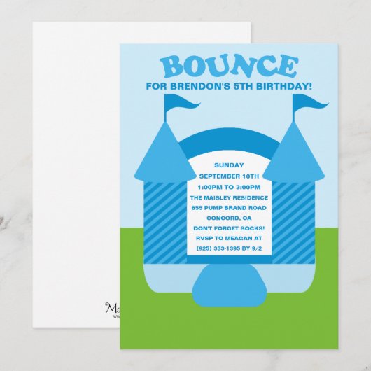 Blauwe Birthday Bouncy House Birthday Party Kaart (Voorkant / Achterkant)