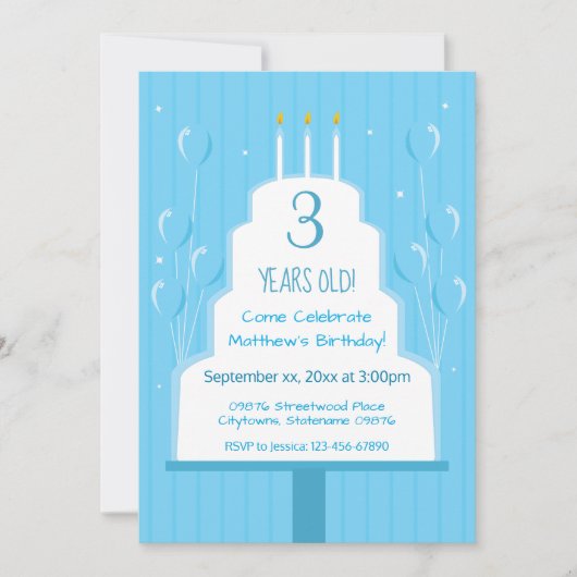 Blauwe Birthday Cake en ballonnen | Uitnodiging (Voorkant)