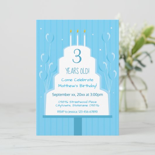 Blauwe Birthday Cake en ballonnen | Uitnodiging (Staand voorkant)