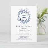 Blauwe Blad Bar Mitswa Uitnodiging (Staand voorkant)