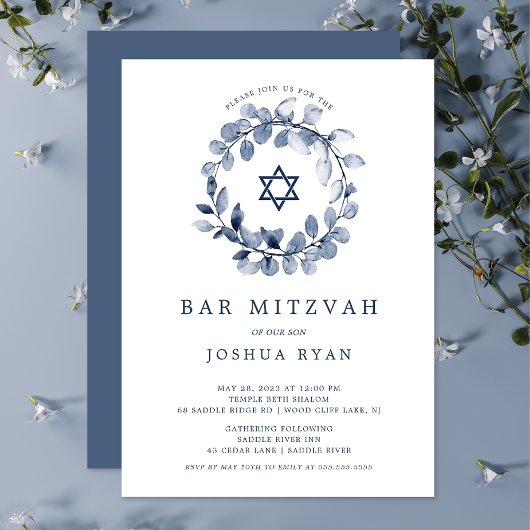 Blauwe Blad Bar Mitswa Uitnodiging