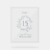 Blauwe Bladborst Monogram Trouwtafel Nummer Acryl Bord (Voorkant)