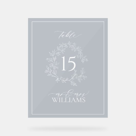 Blauwe Bladborst Monogram Trouwtafel Nummer Acryl Bord (Voorkant)