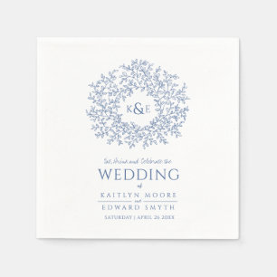 Blauwe bladcirkel monogram kunst bruiloft aangepas servet