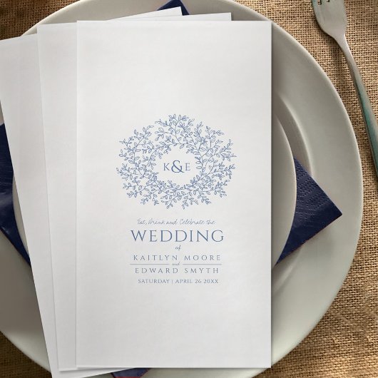 Blauwe bladcirkel monogram kunst bruiloft aangepas servet