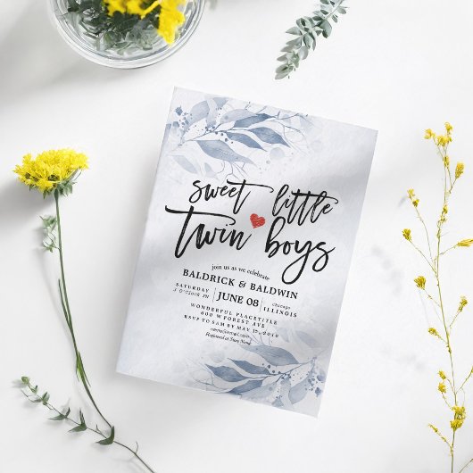 Blauwe bladeren Baby shower met een kleine tweelin Kaart
