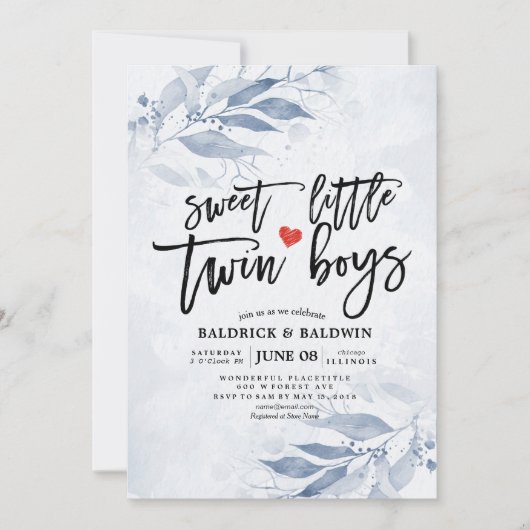 Blauwe bladeren Baby shower met een kleine tweelin Kaart (Voorkant)