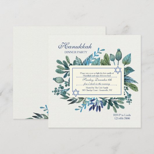 Blauwe bladeren en bessen Chanoeka Party Kaart (Voorkant / Achterkant)