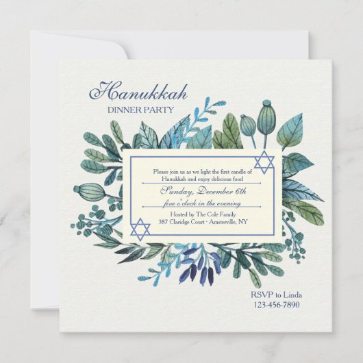 Blauwe bladeren en bessen Chanoeka Party Kaart (Voorkant)