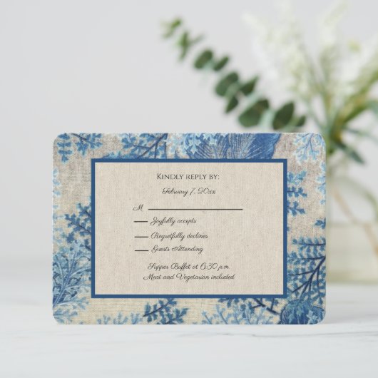 Blauwe bladeren en grijze linen Covid-19 RSVP Kaartje (Staand voorkant)