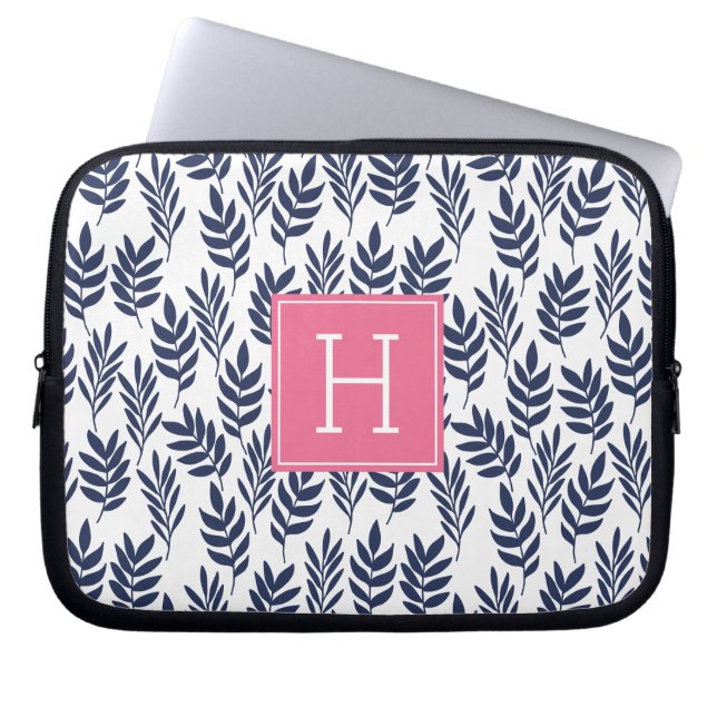 Blauwe bladeren en roze monogram laptop sleeve (Voorkant)
