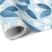 Blauwe bladeren en witte bloemen naadloos patroon cadeaupapier (Rol Hoek)