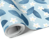 Blauwe bladeren en witte bloemen naadloze patroond cadeaupapier (Rol Hoek)