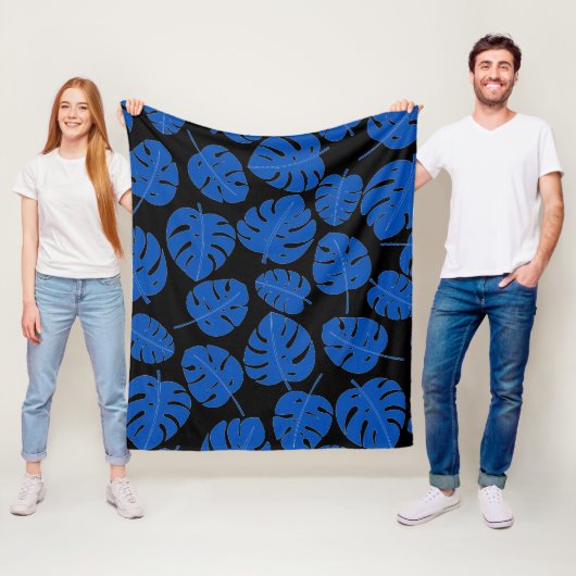 Blauwe Bladeren Fleece Deken (In situ)