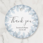 Blauwe bladeren gepersonaliseerde trouwcirkel favo bedankjes labels (Achterkant)