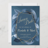 Blauwe Bladeren Gouden Lijst Bewaar De Datum Save The Date (Voorkant)