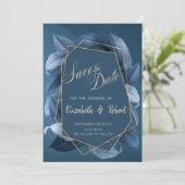 Blauwe Bladeren Gouden Lijst Bewaar De Datum Save The Date (Staand voorkant)