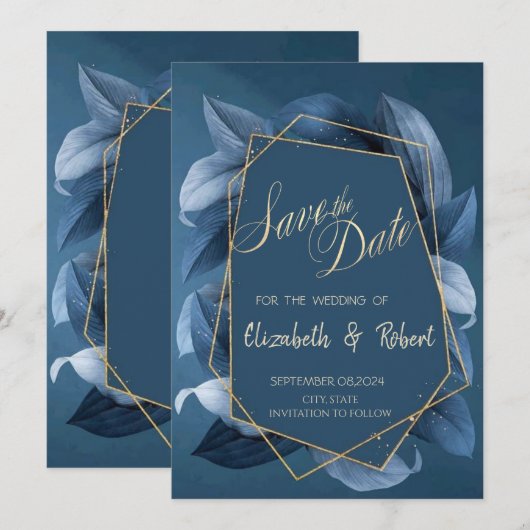Blauwe Bladeren Gouden Lijst Bewaar De Datum Save The Date (Voorkant / Achterkant)
