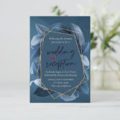 Blauwe Bladeren Gouden Lijst Trouwreceptie  Kaart (Staand voorkant)