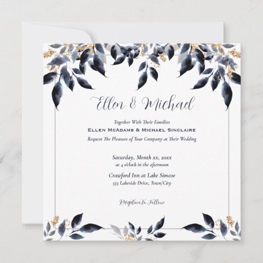 Blauwe bladeren met gouden bruiloft kaart (Voorkant)