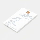 Blauwe bladeren metaalachtig goud koper monogram post-it® notes (Schuin)