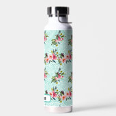 Blauwe bladeren Roze Bouquets Naam Waterfles (Links)