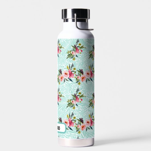 Blauwe bladeren Roze  Bouquets Naam Waterfles (Links)