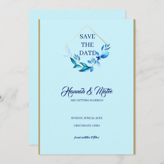 Blauwe bladeren save the date (Voorkant / Achterkant)