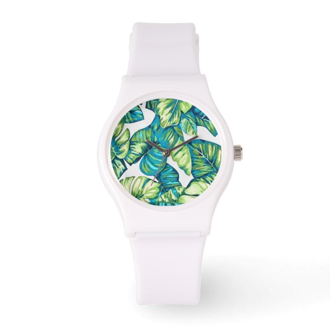 Blauwe bladeren van tropische monstera en banaanbl horloge (Voorkant)