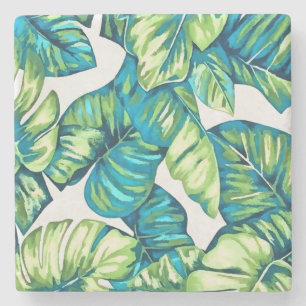 Blauwe bladeren van tropische monstera en banaanbl stenen onderzetter