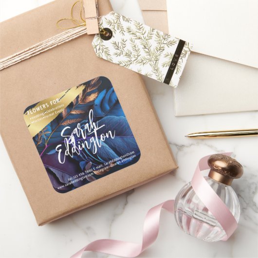 Blauwe Bladeren Vierkante Sticker (Geschenken)