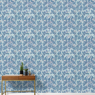 Blauwe Bladeren & Witte Bloemen Botanische Vierkan Behang