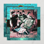 BLAUWE BLAUW BICYCLE WEDDING DAMASKMONOGRAM KAART (Voorkant / Achterkant)